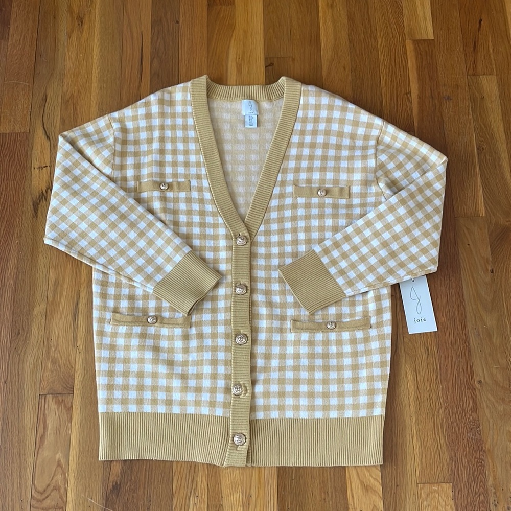 EUC Joie Gingham Button Down Boyfriend Heavyweight Cardigan | Yellow Large
